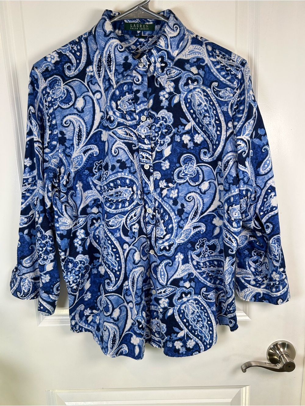 Lauren Ralph Lauren Navy and White Paisley Button-Down 3/4 Sleeve Too‎ Large
